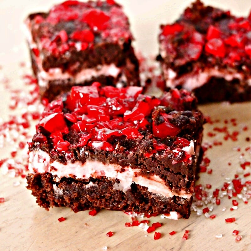 Strawberry Chocolate Brownies | Valentines Day | Sweet Treats | Dessert Recipes | Layers of Brownies, Frosting and Chocolate | Crushed Candy Topping
