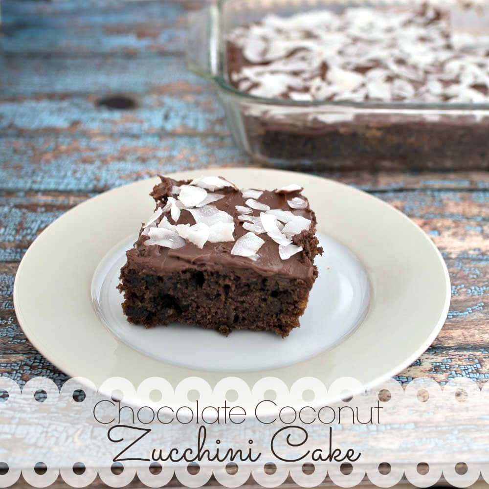 Chocolate Coconut Zucchini Cake - a recipe to sneak some veggies into dessert. This chocolate zucchini cake is topped with chocolate frosting and sprinkled with coconut.