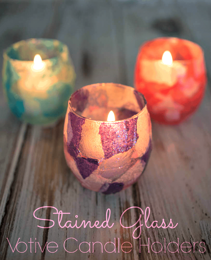 Make faux Stained Glass Candle Holders for the holidays with this easy tissue paper craft. These cute candle holders are easy gifts to make for the holidays! #diycrafts #tissuepapercrafts #candleholders #christmas #holidays