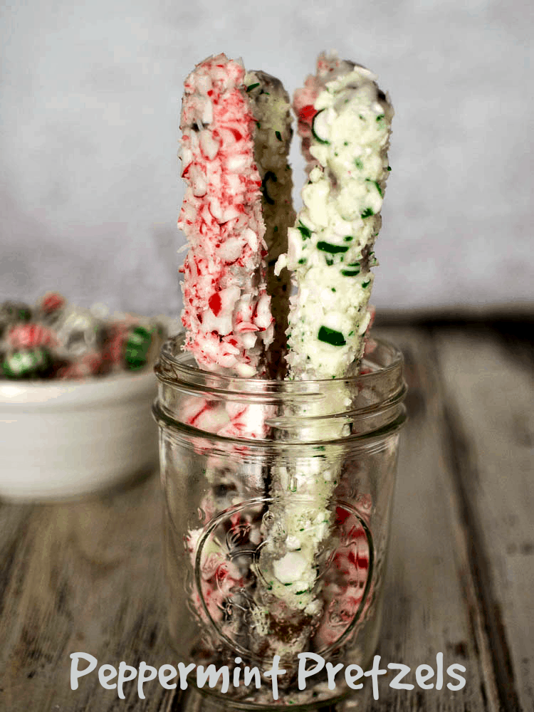 Peppermint Pretzels - Chocolate Covered Pretzel Rods rolled in peppermint candy