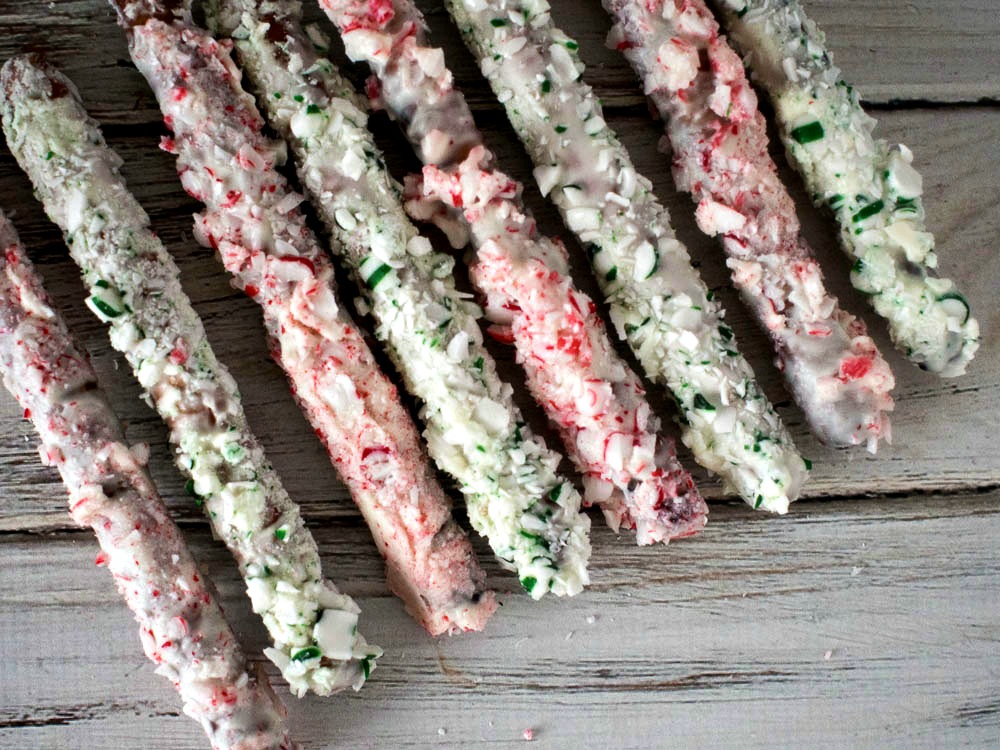 Peppermint Pretzels - Chocolate Covered Pretzel Rods rolled in Peppermint Candy