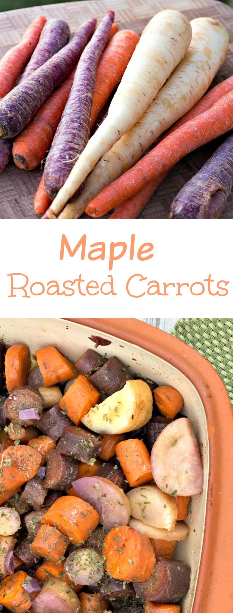 Maple Roasted Carrots - a simple side dish made by roasting carrots and garlic and tossing them in maple syrup. Perfect side for Thanksgiving.