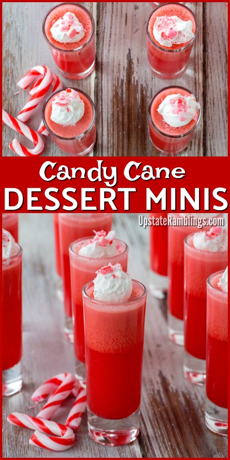 These Candy Cane Dessert Minis are an easy holiday dessert - perfect for Christmas. There are only 3 simple ingredients - Jell-o, Cool Whip and Candy Canes but they combine for an elegant holiday party treat in a shot glass #holidaydessert #shotglassdessert #minidessert #candycanes