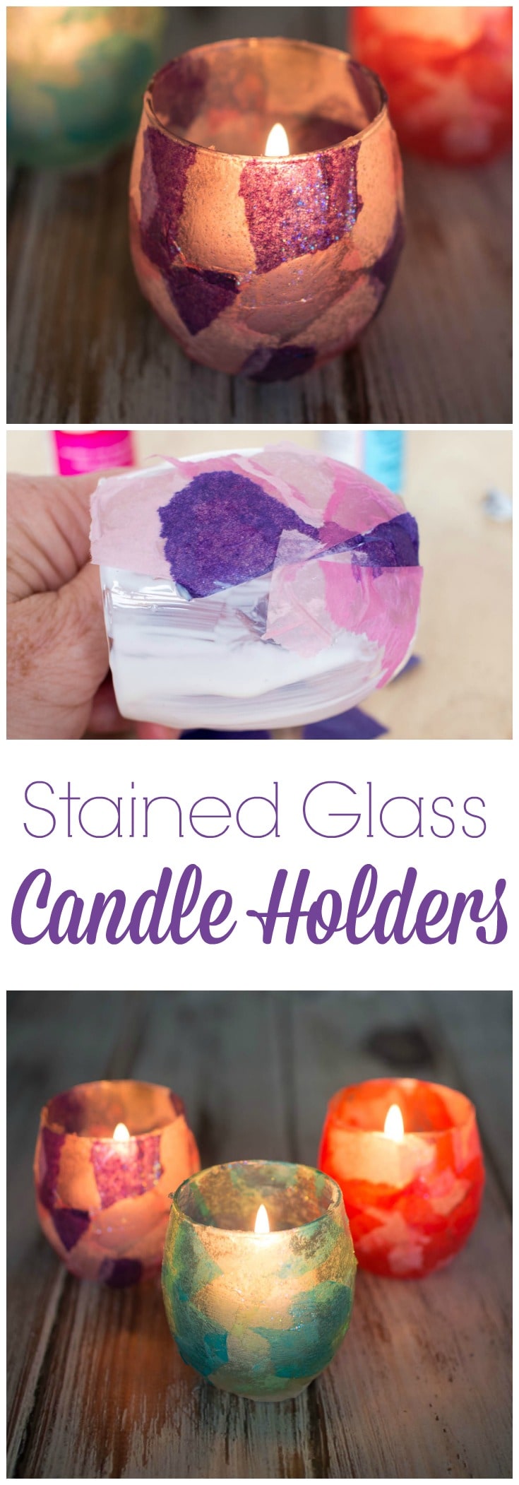 Stained Glass Votive Candle Holders - an easy to make craft using glass candle holders, tissue paper and modpodge that makes a fun holiday gift.