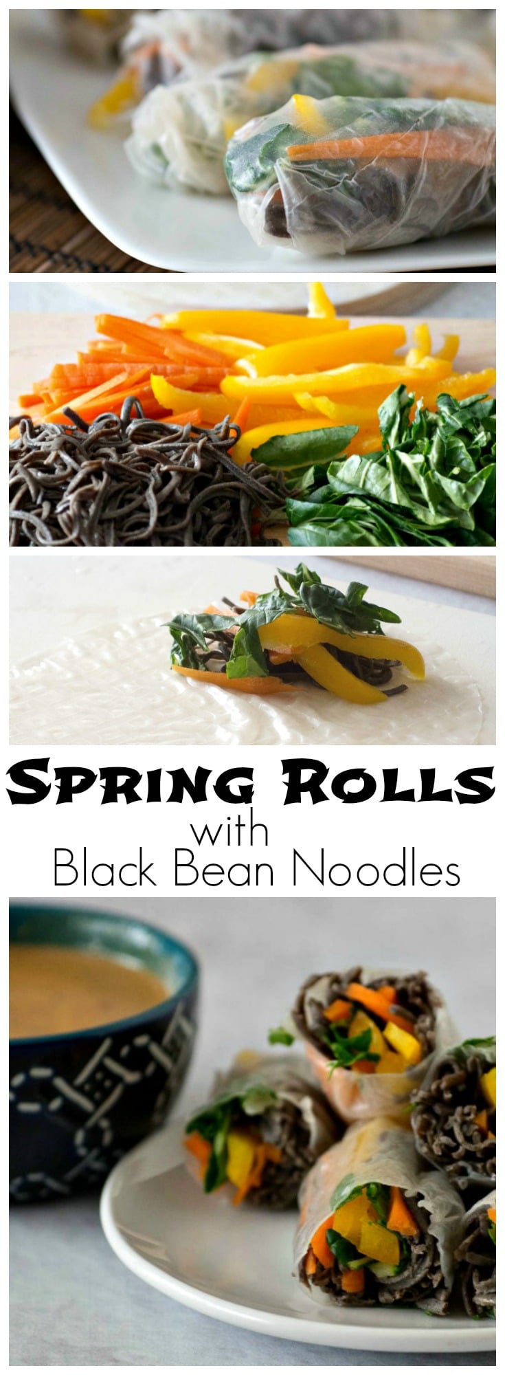 These easy to make Spring Rolls use Black Bean Spaghetti and lots of fresh veggies, like carrots, bok choi and yellow peppers, served with peanut dipping sauce.