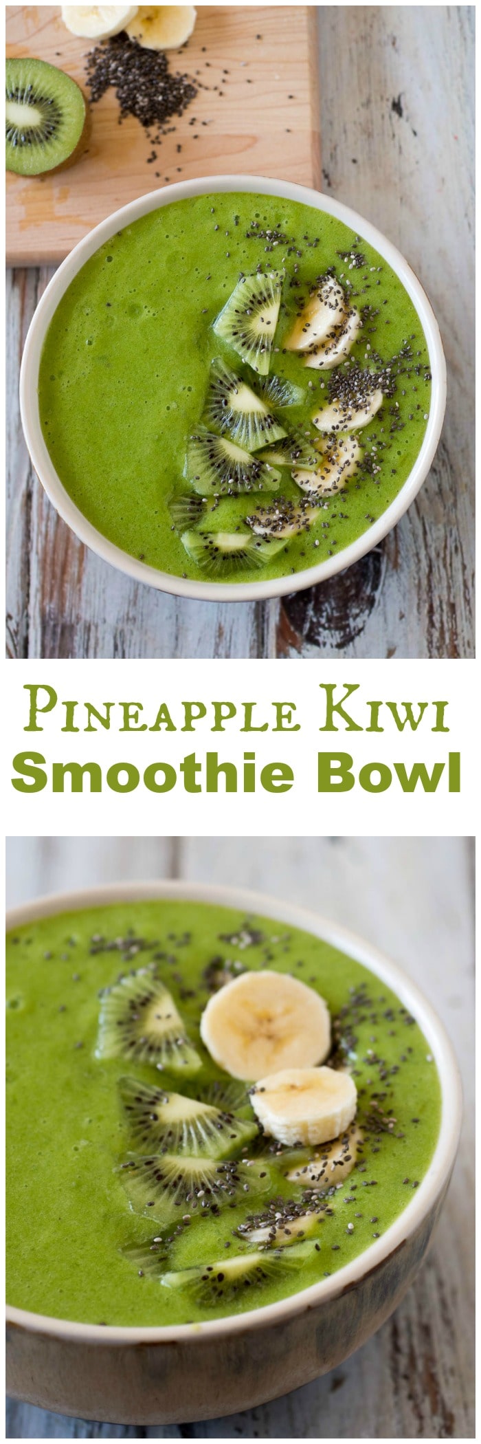This tropical Pineapple Kiwi Smoothie bowl makes a delicious healthy meal. A green smoothie bowl topped off with Kiwi, banana and chia seeds