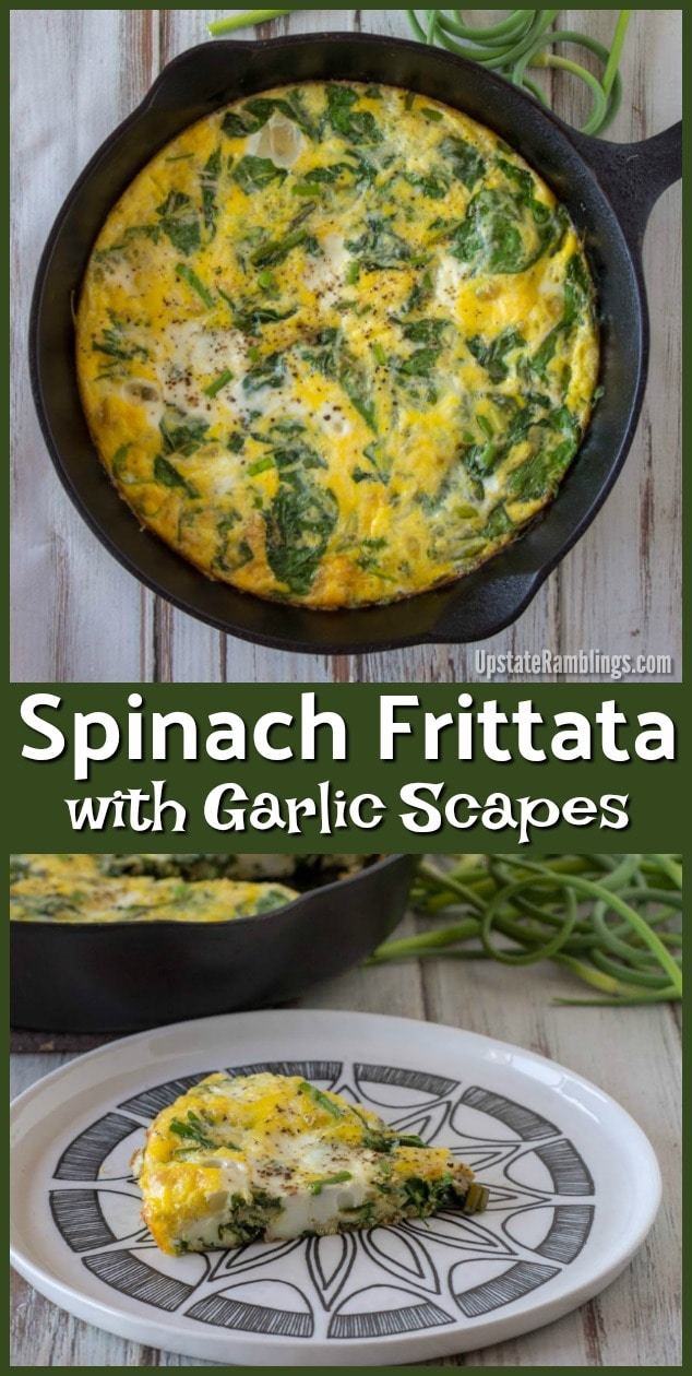 This Spinach Frittata with garlic scapes is a tasty vegetable frittata! This breakfast frittata is quick and easy to make and easy to share with the whole family. Perfect for breakfast, brunch or breakfast for dinner.