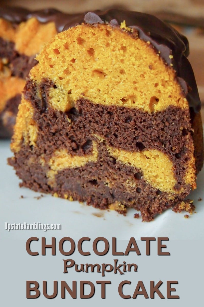 Chocolate Pumpkin Bundt Cake - This Bundt cake features chocolate and pumpkin batter swirled together and topped off with chocolate glaze - a perfect fall cake or Halloween treat. #bundtcake #pumpkin #chocolate #dessert