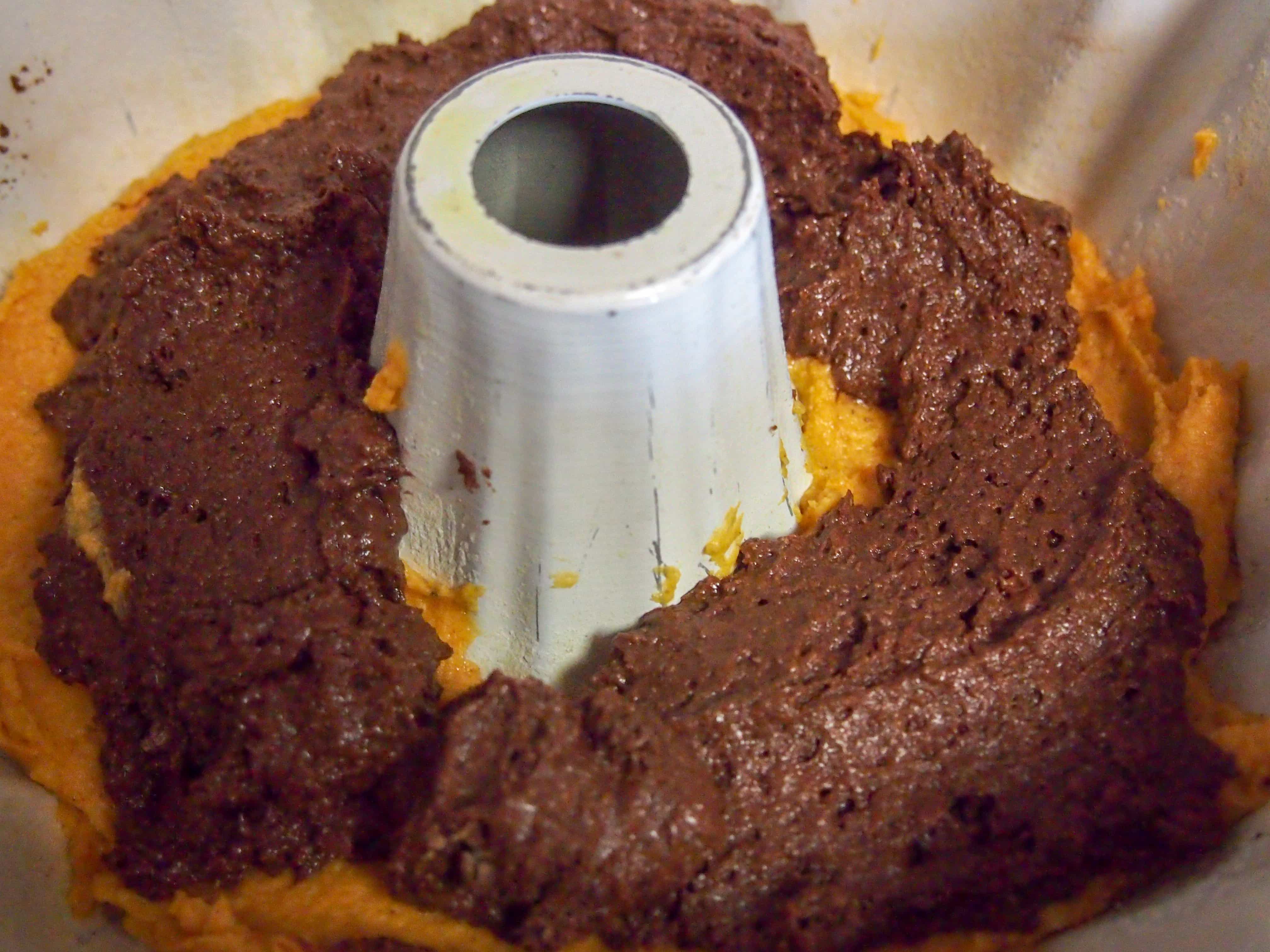 Mixing the Chocolate and Pumpkin batter for Pumpkin Chocolate Cake