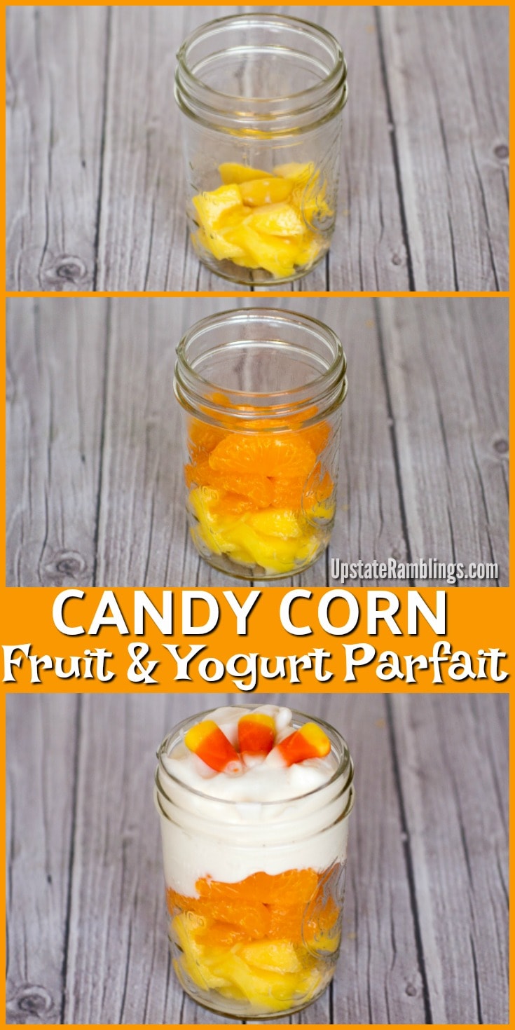 Candy Corn Fruit and Yogurt Parfait - an easy Halloween treat that is healthy too! Layers of mango and oranges are topped off with Greek yogurt for a Halloween Snack that mimics the colors of candy corn. #halloween #halloweensnack #yogurtparfait