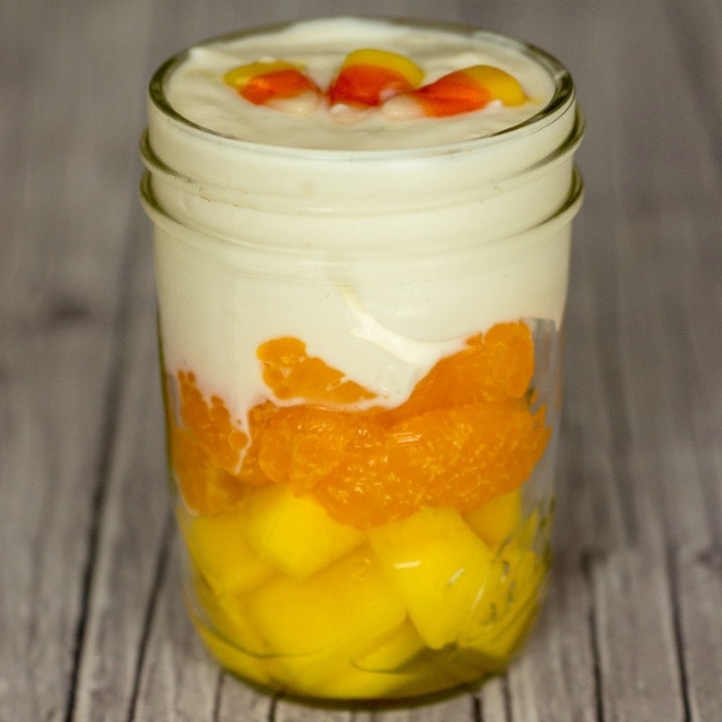Fruit and Yogurt Parfait made to look like Candy Corn for a Halloween treat