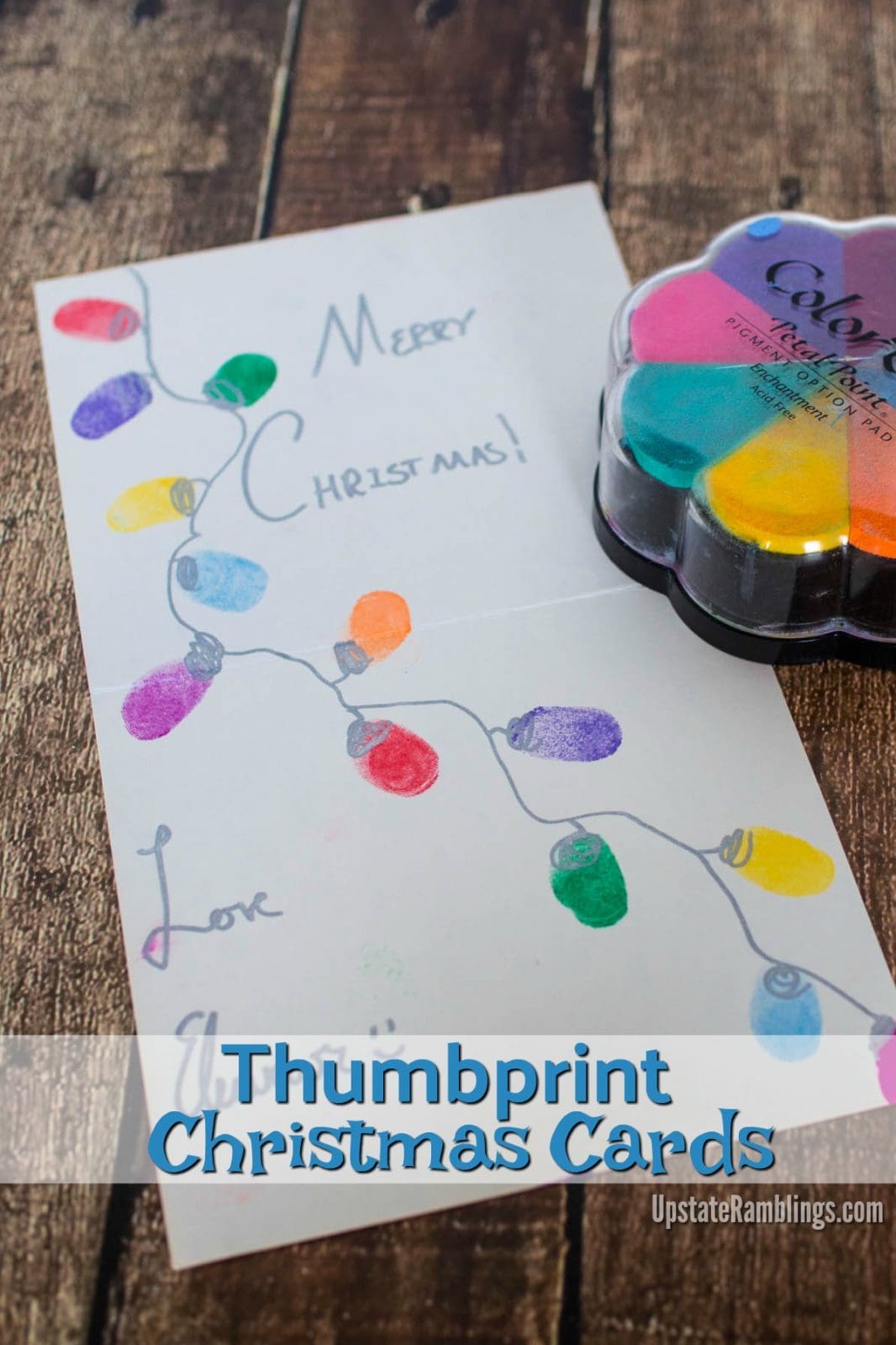 I love these cute Thumbprint Christmas cards! They are so easy to make and a great way to get kids involved in making and sending cards & presents. Make these cute & easy Thumbprint Christmas Cards - DIY Holiday cards your kids can make - includes directions for thumbprint Santa, thumbprint Christmas lights and thumbprint reindeer. #DIYcrafts #thumbprintcards #christmascards #holidaycards