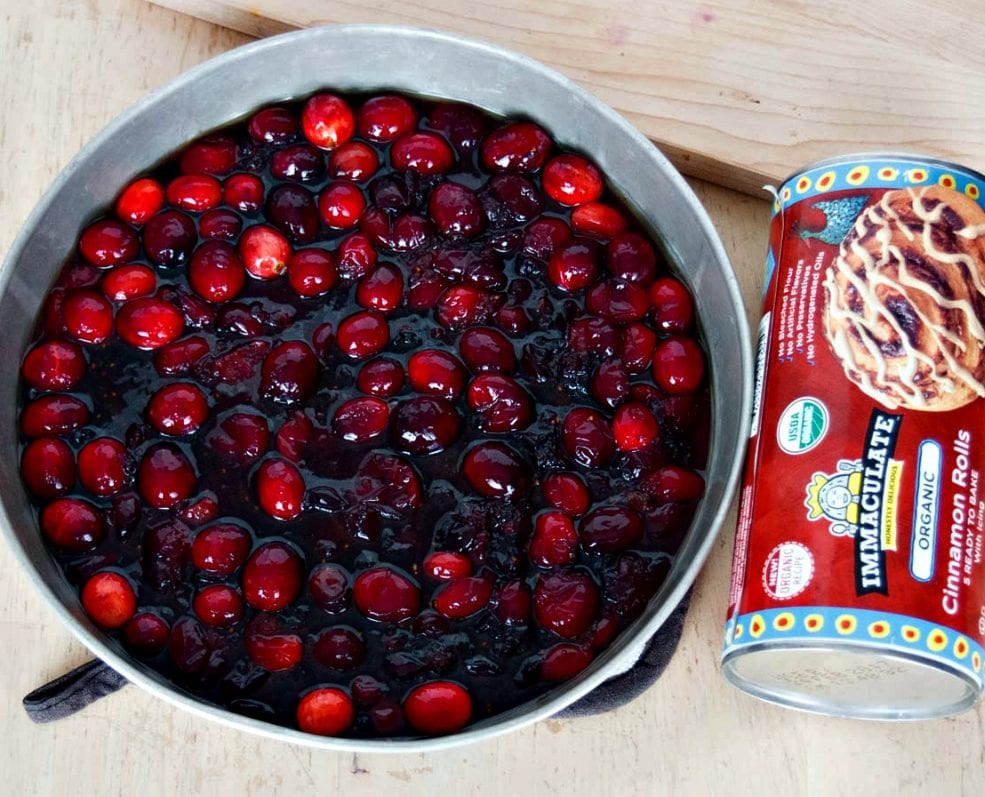 Cranberry topping for Cranberry Cinnamon Roll Cake in a pan