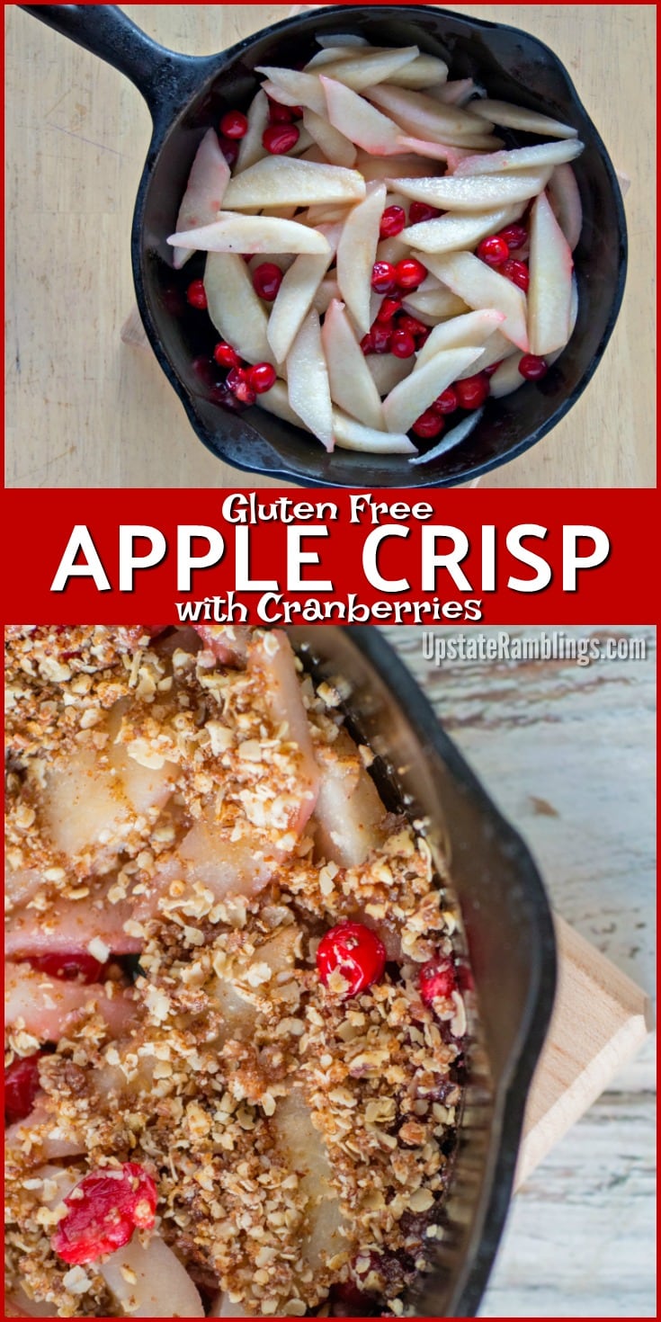 Apple Crisp with Cranberries - This easy apple dessert recipe combines apples and cranberries with a pecan and oatmeal topping for a tasty skillet dessert that is both gluten free and vegan. #apples #applecrisp #vegan #dairyfree #glutenfree #dessert #appledessert