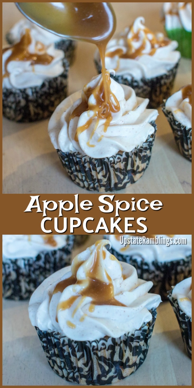 Apple Spice Cupcakes with Caramel Sauce - These tasty cupcakes are apple flavored topped with cream cheese cinnamon frosting and drizzled with gooey caramel sauce - a delicious fall treat #falldesserts #applecupcakes #caramel #appledesserts