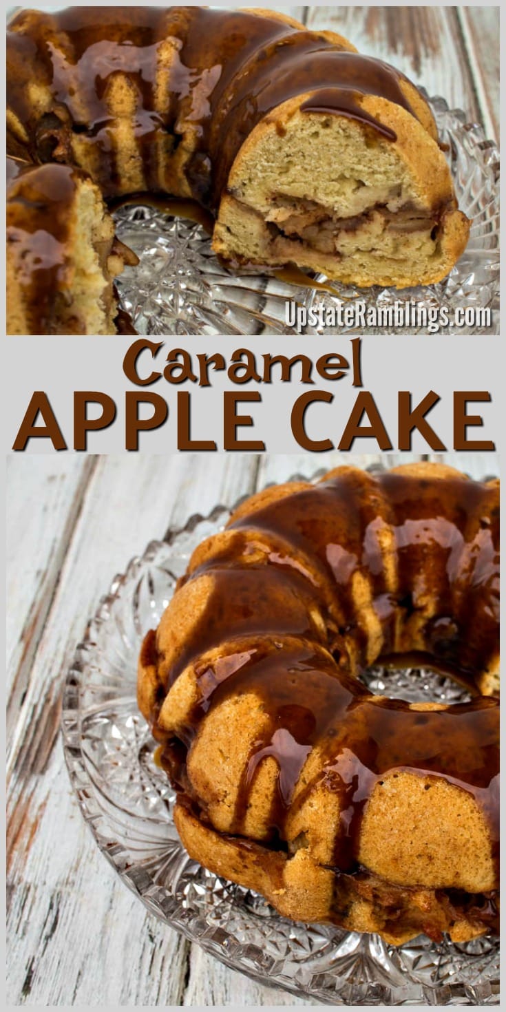 Caramel Apple Cake - delicious fall dessert of cake stuffed with apples and topped off with caramel drizzle