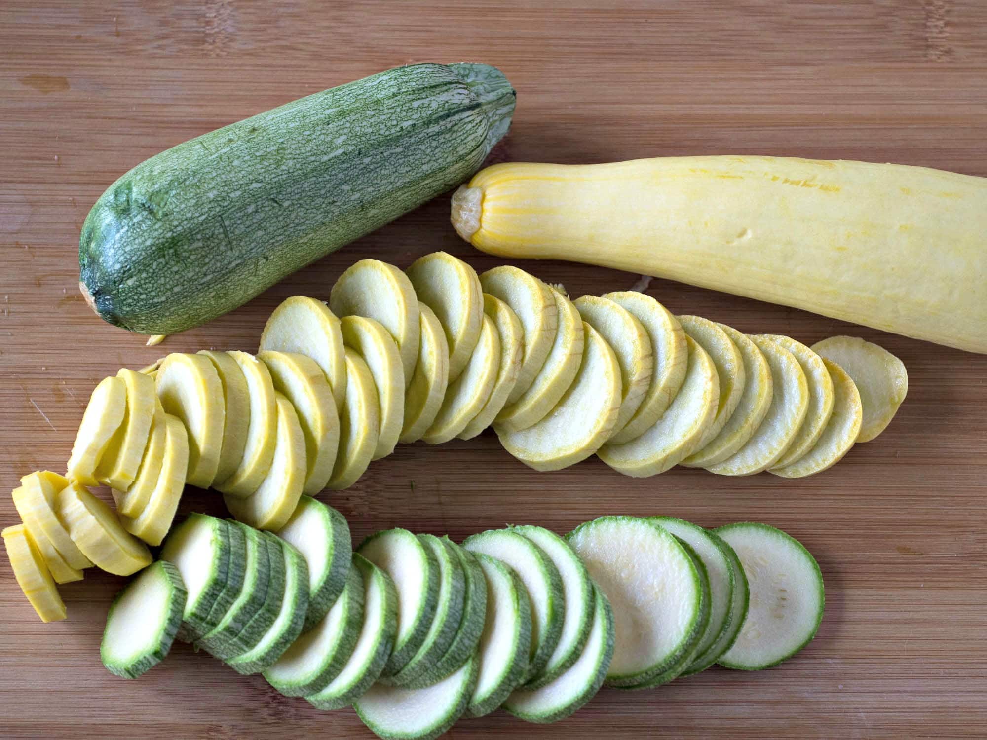 Slicing zucchini and summer squash for a casserole