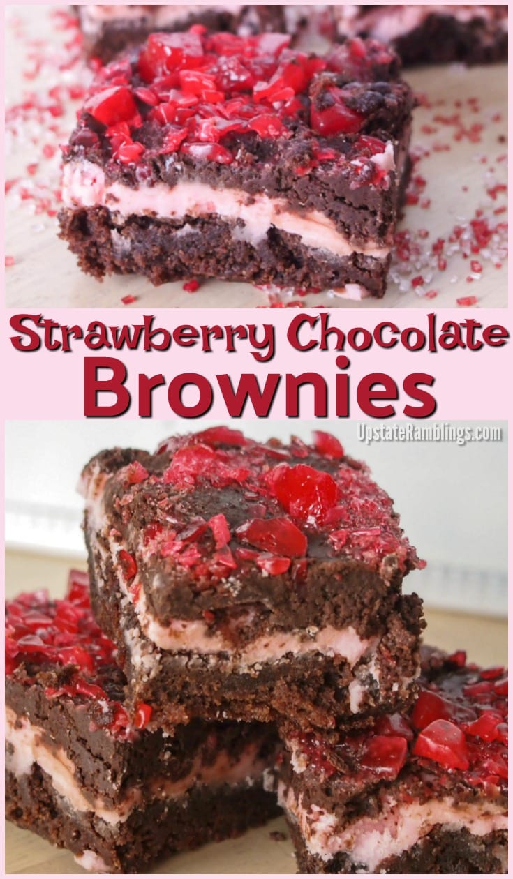 Make these Strawberry Chocolate Brownies - a delicious sweet treat for Valentine's Day or the Holidays. These are easy to make with layers of brownies, frosting and chocolate topped off with crushed candy.