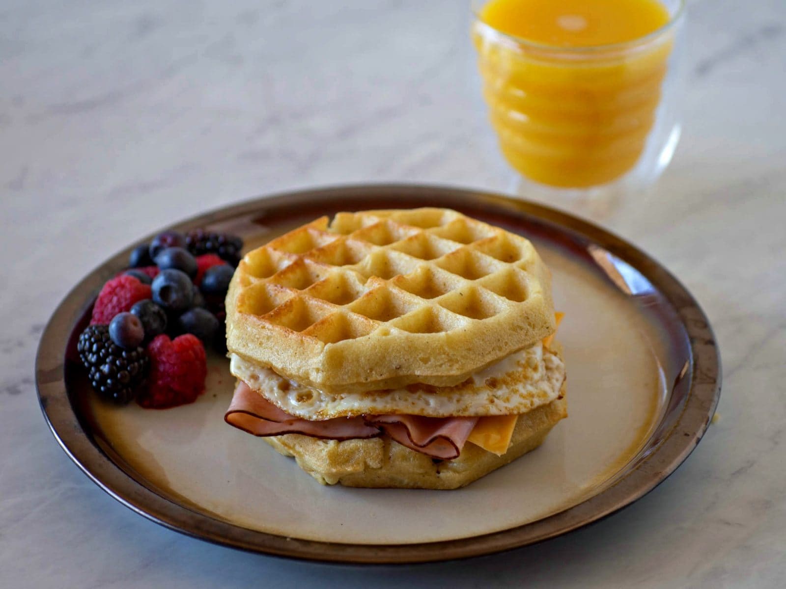 Waffle Breakfast Sandwich with Ham and Cheese