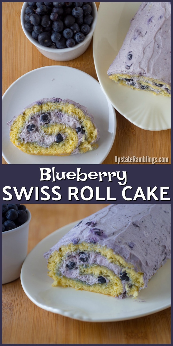 This Blueberry Swiss Roll Cake combines a springy sponge cake rolled up with whipped cream and blueberries. The easy dessert is a delicious way to use blueberries and makes a pretty homemade dessert for the holidays. #dessert #blueberries #swissrollcake #holidaybaking