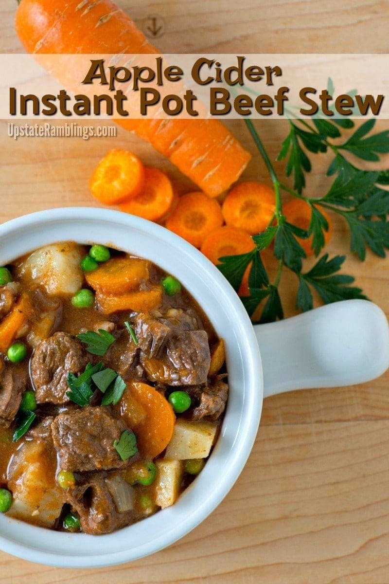 This recipe for Instant Pot Beef Stew uses apple cider to create a tasty and slightly sweet gravy for the tender chunks of beef and hearty vegetables. The apple cider adds a nice fall twist to traditional homemade beef stew. And since it is made in a pressure cooker it is ready to go in less than an hour! #instantpot #beefstew #applecider #pressurecooker
