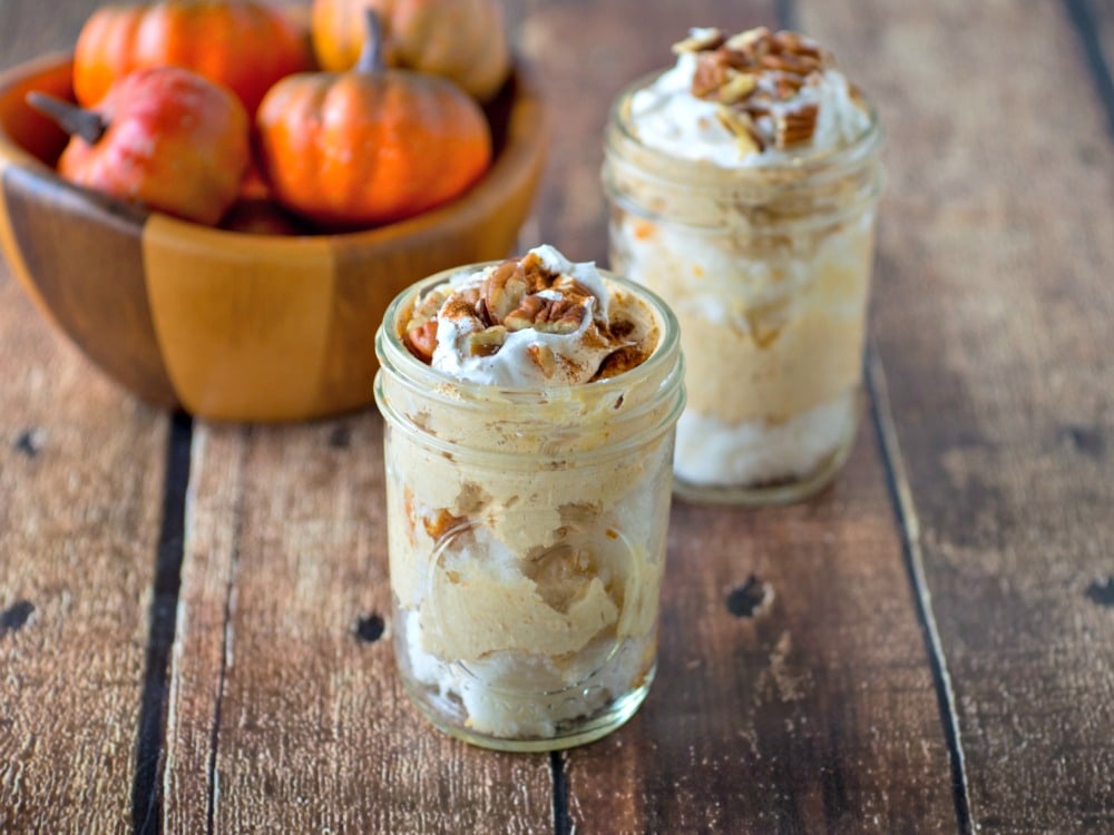 Two mason jars with Pumpkin trifle for Thanksgiving