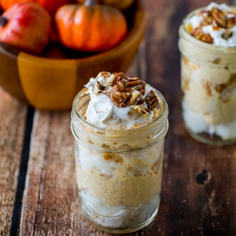 Pumpkin Trifle - alternating layers of pumpkin cheesecake filling mixture and Angel food cake