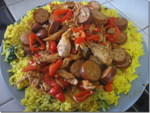 Plate of Paella with Sausage, Chicken and Seafood