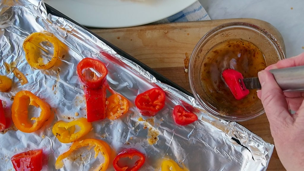 peppers on a sheet pan for cooking