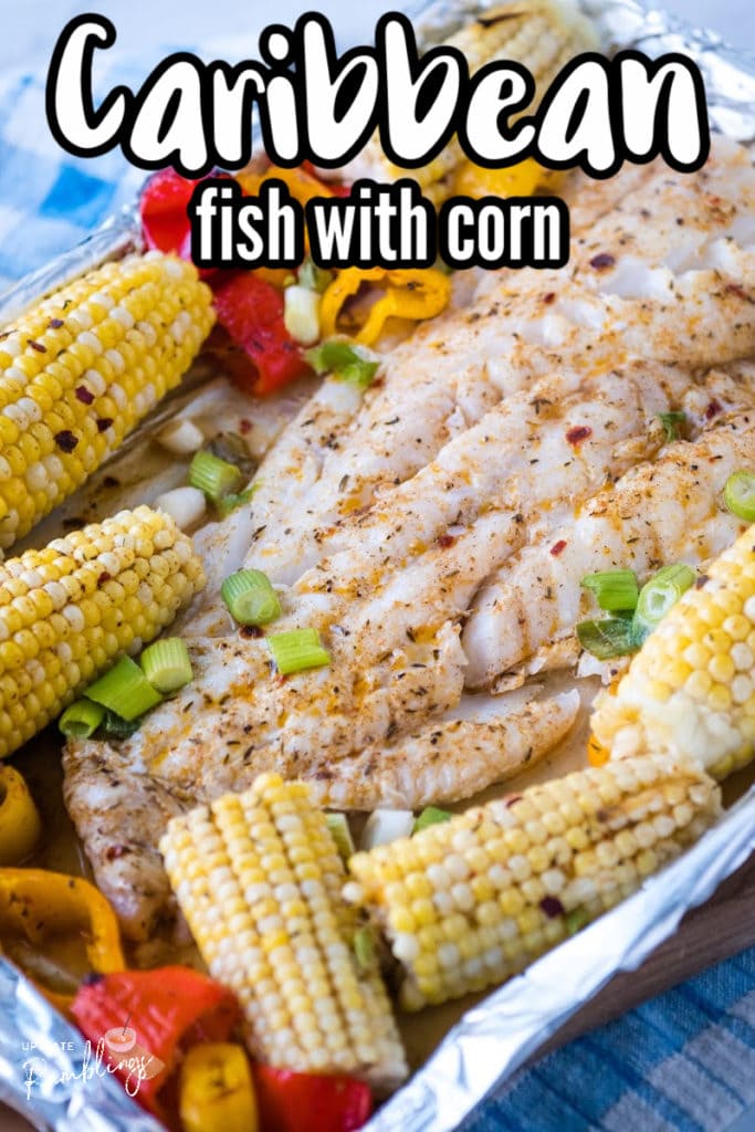 sheet pan fish dinner baked with corn and bell peppers