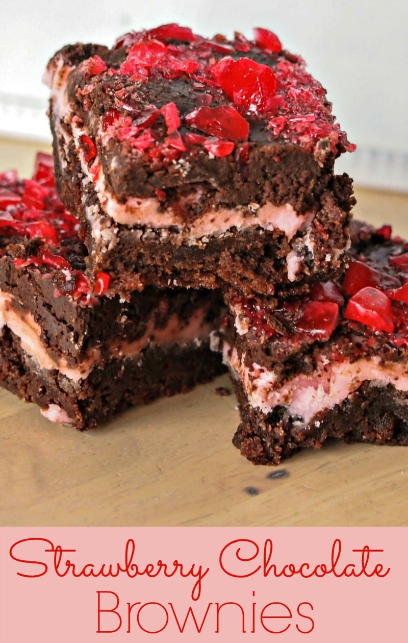 strawberry chocolate brownies - layers of brownies, frosting and chocolate topped off with strawberry crushed candy