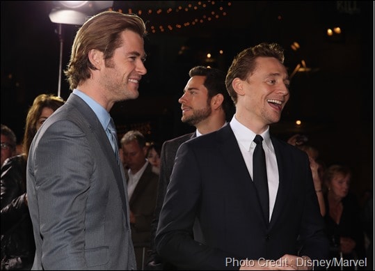 Actors Chris Hemsworth (L) and Tom Hiddleston attend Marvel's "Thor: The Dark World" Premiere at the El Capitan Theatre on November 4, 2013 in Hollywood, California. (Photo by Rich Polk/WireImage)