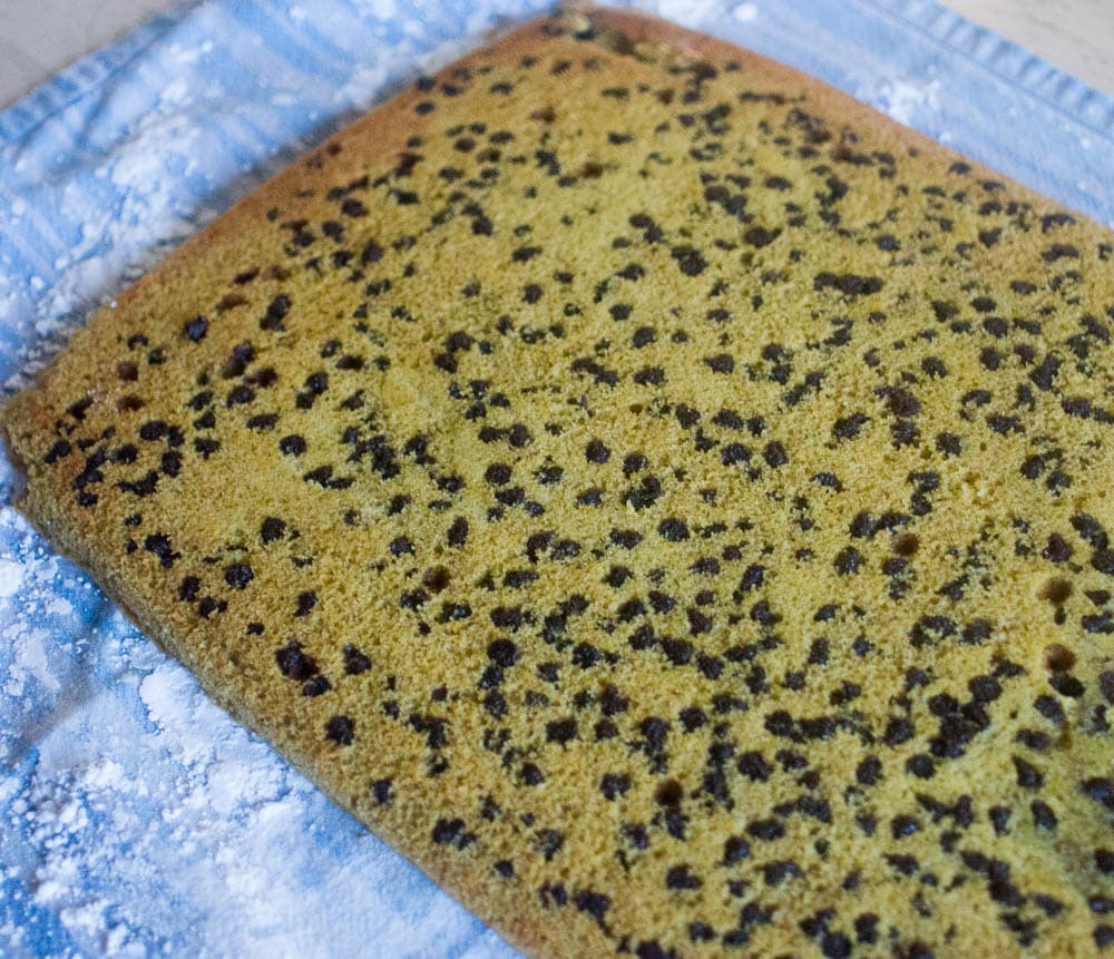 A cake with seeds on it is sitting on a blue cloth.