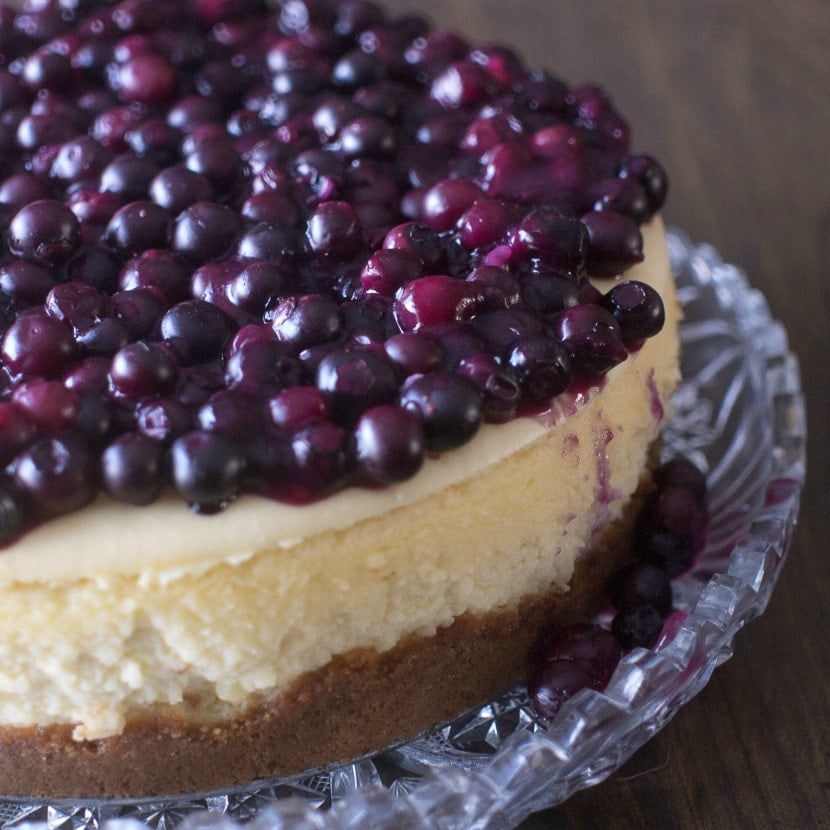Slice of blueberry cheesecake on a plate.