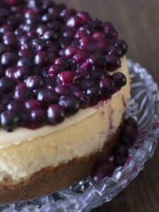 NY style cheesecake topped with blueberries