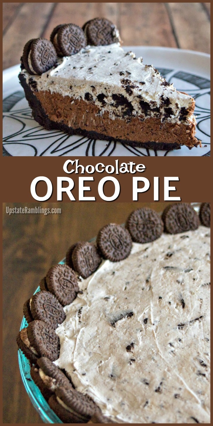 Chocolate Oreo Pie - An Oreo cookie crust topped with a layer of chocolate mousse and a layer of cookies and cream. An easy no bake dessert for the holidays. #Oreo #holidaypie #nobake #chocolate