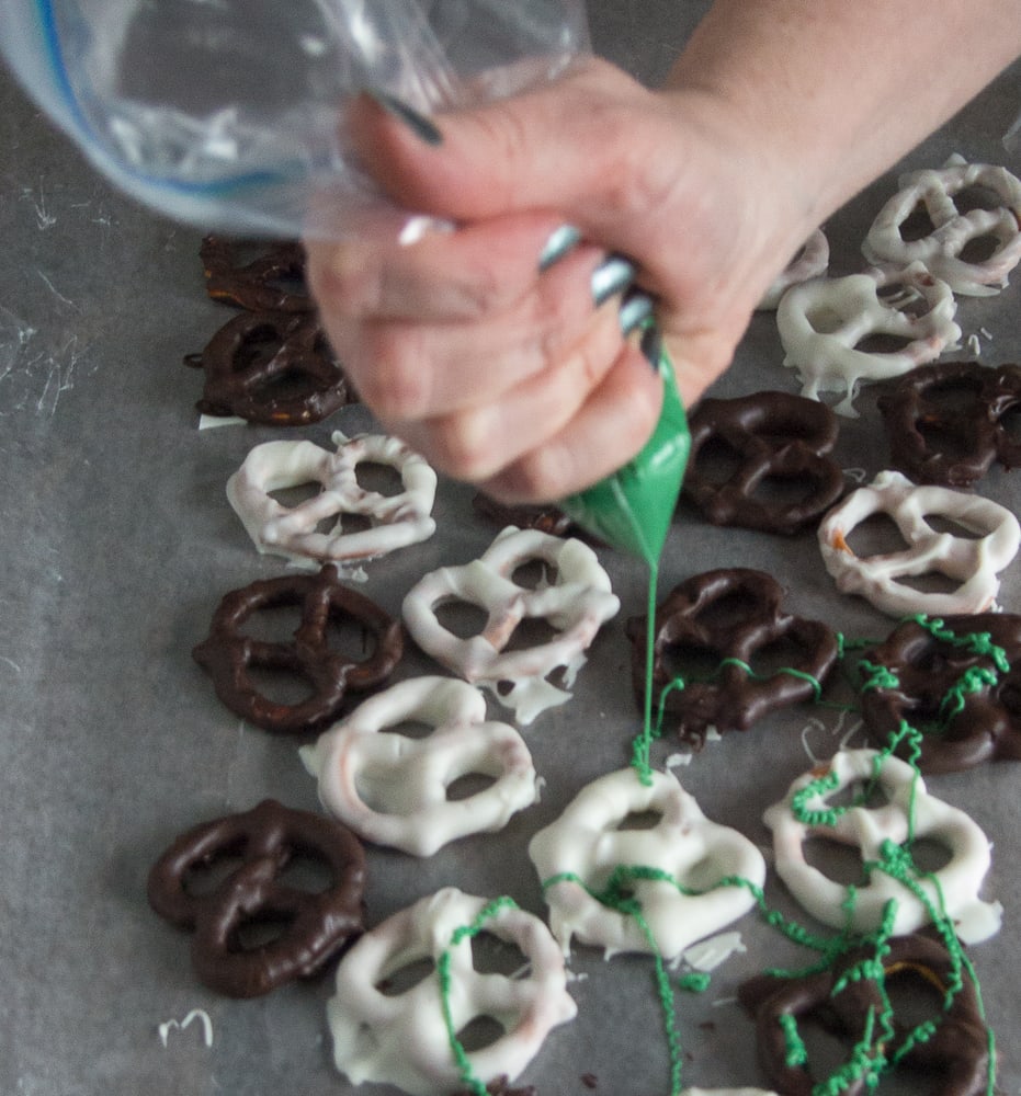 Drizzling Chocolate on pretzels