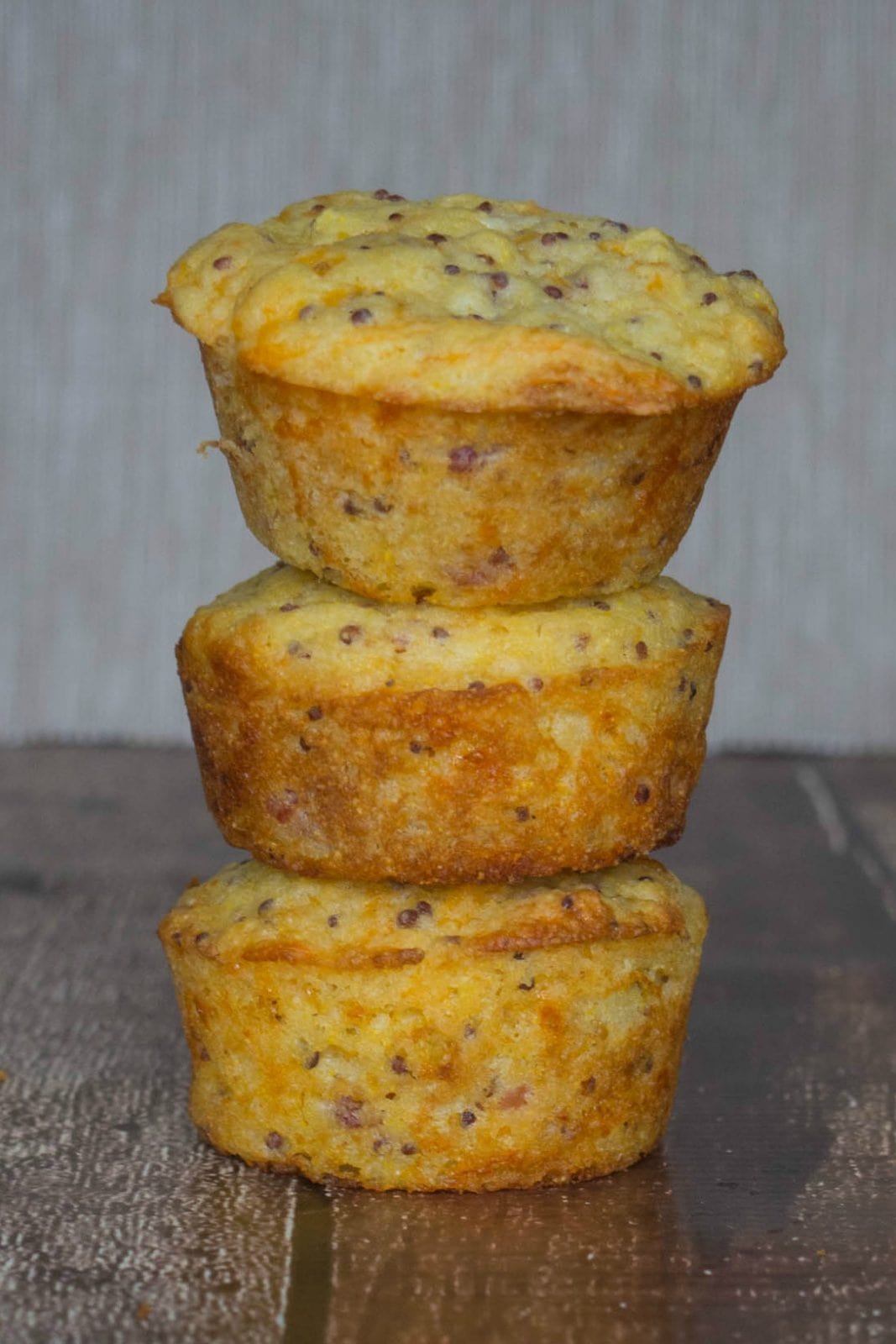 Three muffins stacked on top of each other.
