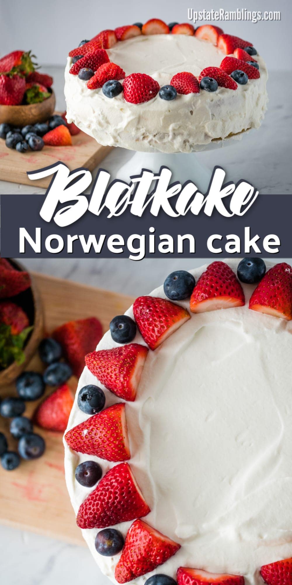 Make this traditional Norwegian Dessert - Bløtkake - a delicious sponge layer cake filled with pudding & peaches & cream, topped with whipped cream, blueberries and strawberries - Norwegian Cream Cake #norwegian #cake #dessert 