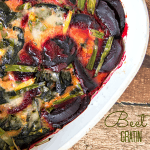 A dish with beets and greens in it.