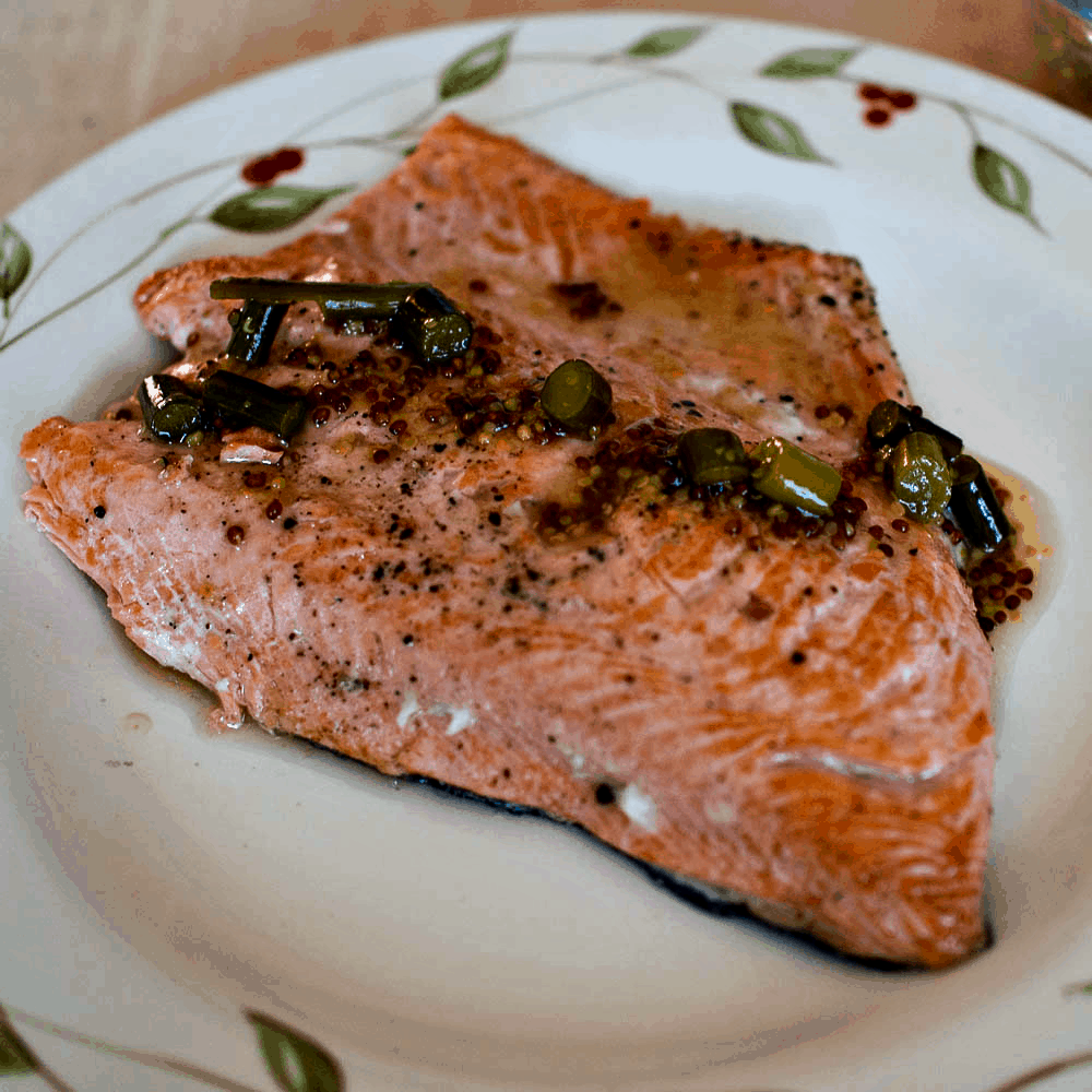 A piece of salmon is sitting on a plate.