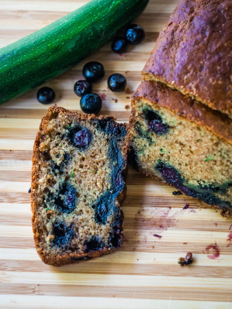 top view of zucchini bread with blueberries