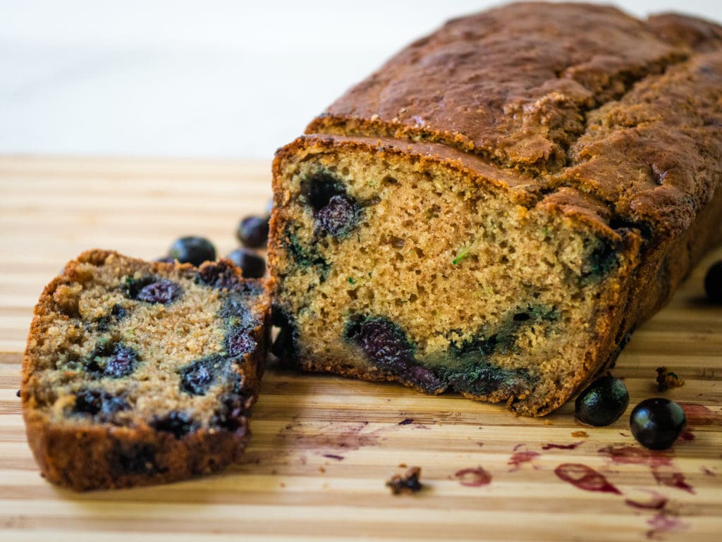 blueberry zucchini bread with slice cut out