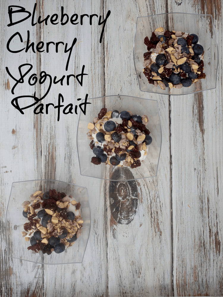 Blueberry Cherry Yogurt Parfait - tasty treat using Greek Yogurt, fresh blueberries, dried cherries and blueberry almonds