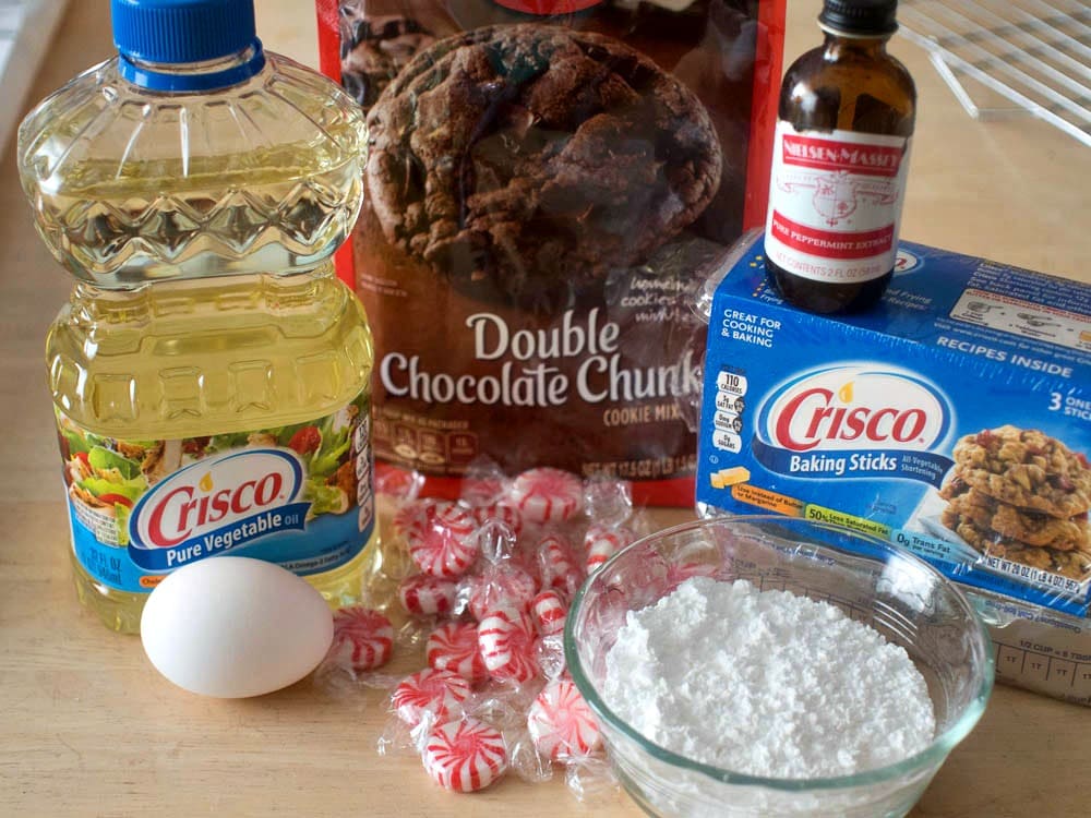Candy cane cookies ingredients on a table.