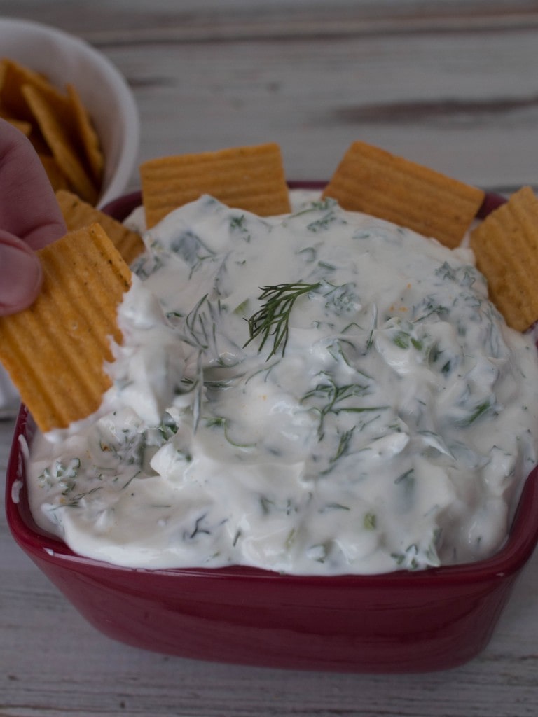 Onion Dill Dip - a creamy yogurt based dip that is a perfect complement for spicy snacks