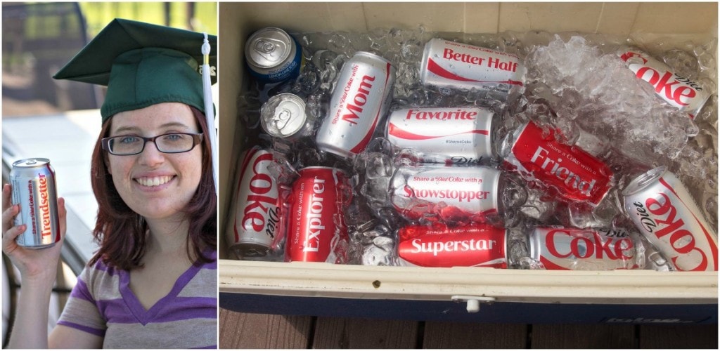 A woman holding a can of coca cola and a graduation cap enjoys Coke Floats.