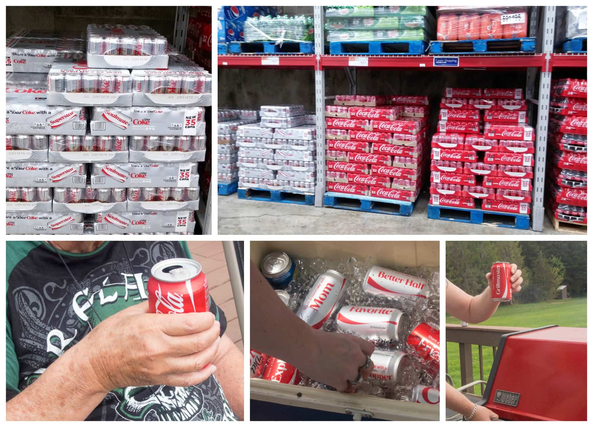 A collage of pictures featuring Coca-Cola cans in a store.