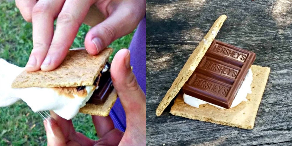 A person is holding a s'more and a chocolate bar.