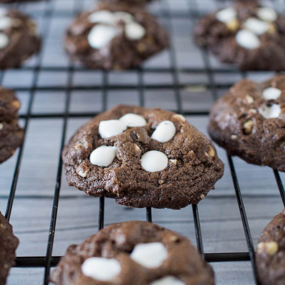 Rocky Road Cookies - chocolate cookies with chocolate chips, almonds, walnuts and marshmallows